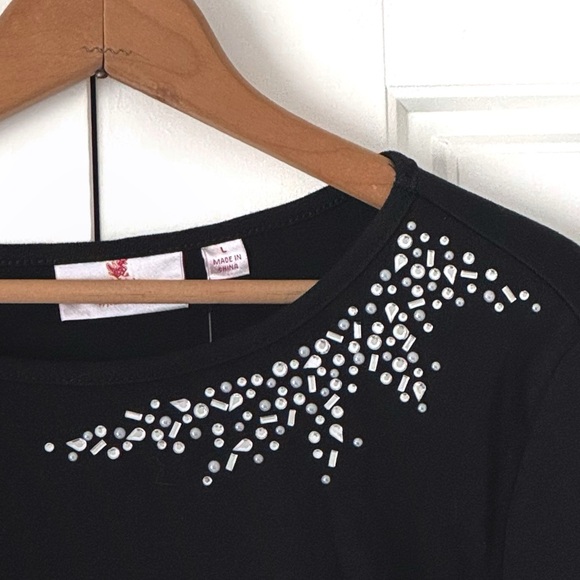 Quacker Factory Embellished Tshirt Womens Large Black Jewels Rhinestones NEW - Picture 3 of 12